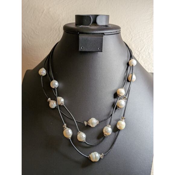 925 Sterling Three Strand Floating Genuine Freshwater Pearl Corded Necklace - Picture 10 of 10